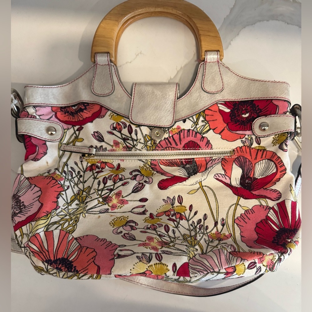 GUESS wood handle floral canvas purse bag carryall poppy classic garden party - Picture 3 of 6